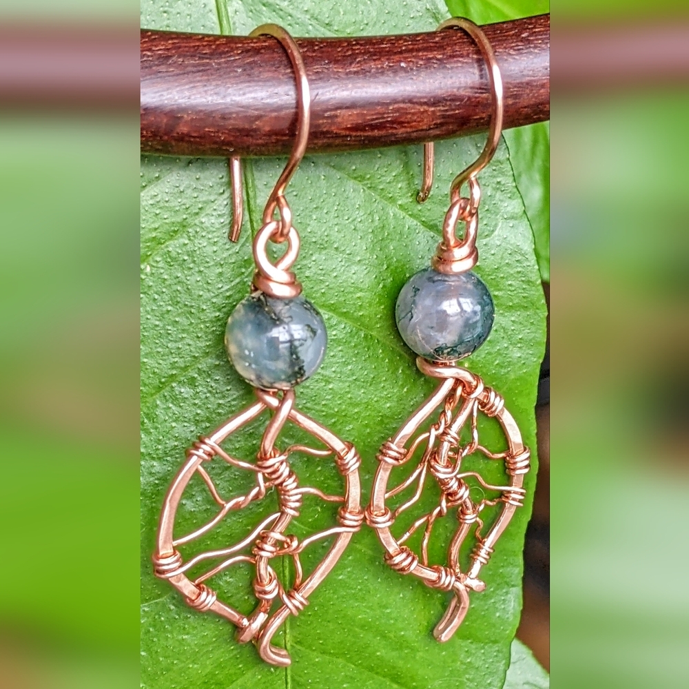 Organic Copper Leaf Earrings Earthy Moss Agate Gemstone Beads Dangle Drop Style
